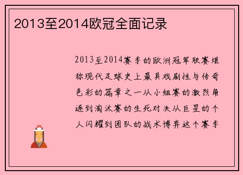 2013至2014欧冠全面记录