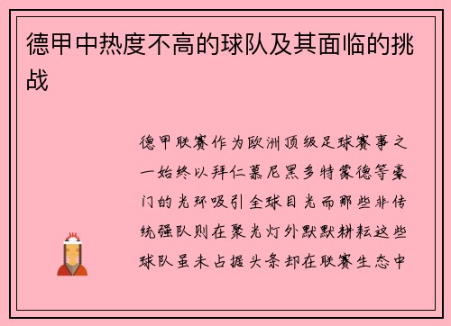 德甲中热度不高的球队及其面临的挑战